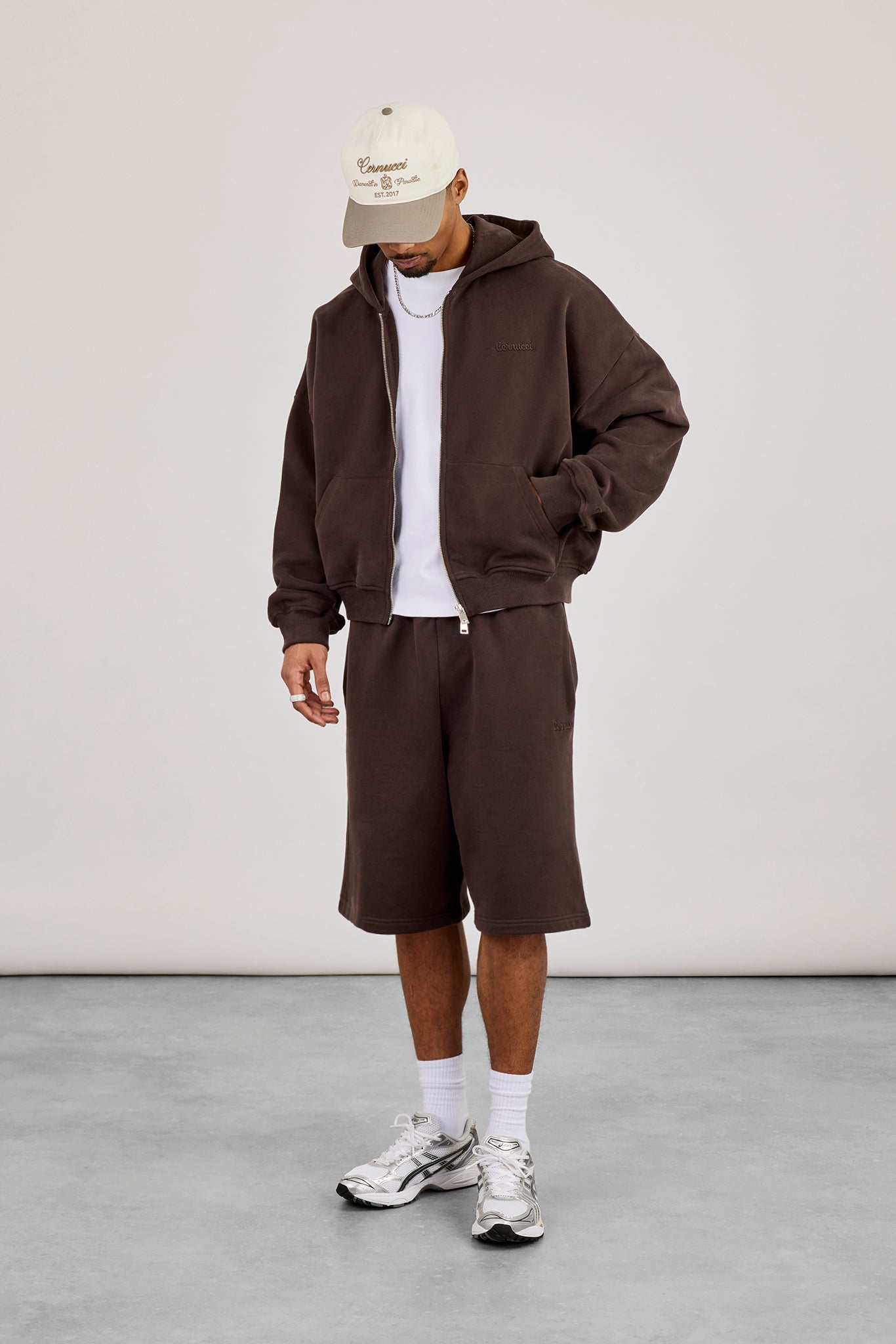 Zip Through Boxy Hoodie & Embroidered Jersey Jort - Coffee